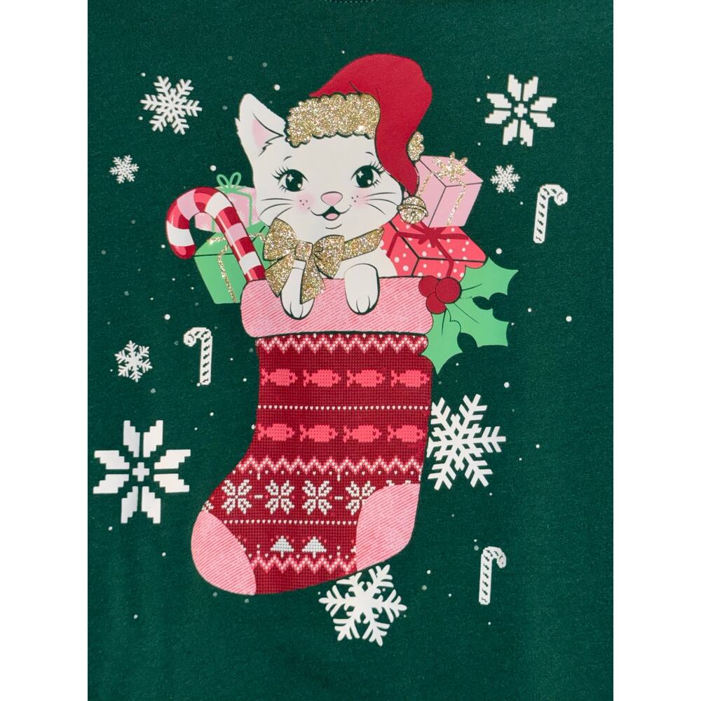 The Children’s Place Girls Christmas Cat Stocking Green Shirt, Size L (10/12) - Picture 2 of 5